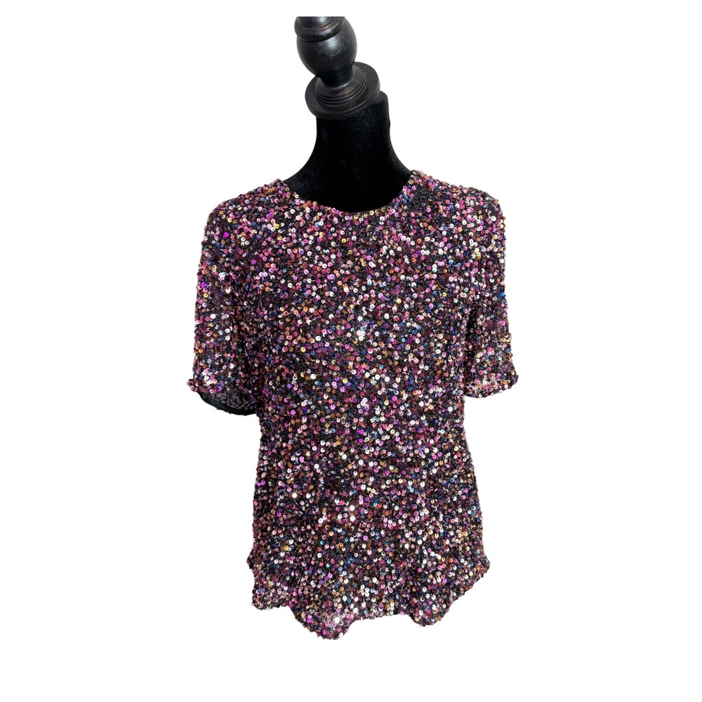 Parker All Over Colorful Sequin Top Womens XS Sheer Festive Holiday Sparkle Glam